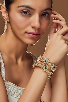 Gold Finish Kundan Polki & Multi-Colored Stone Temple Bangles (Set Of 2)