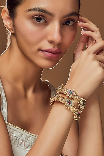 Gold Finish Kundan Polki & Multi-Colored Stone Temple Bangles (Set Of 2)