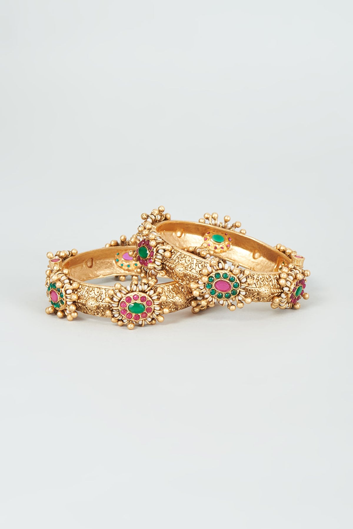 Gold Finish Kundan Polki & Multi-Colored Stone Temple Bangles (Set Of 2)