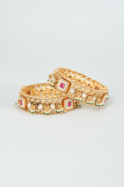 Gold Finish Kundan Polki & Red Stone Temple Bangles (Set Of 2)