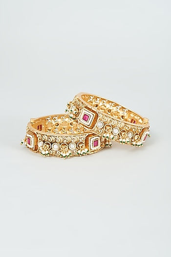 Gold Finish Kundan Polki & Red Stone Temple Bangles (Set Of 2)