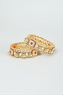 Gold Finish Kundan Polki & Red Stone Temple Bangles (Set Of 2)