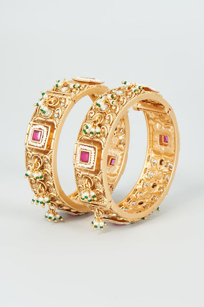 Gold Finish Kundan Polki & Red Stone Temple Bangles (Set Of 2)