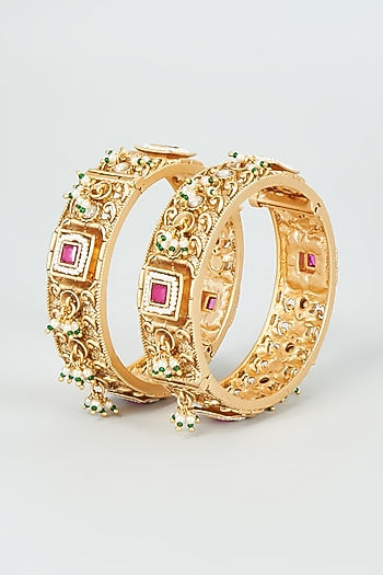 Gold Finish Kundan Polki & Red Stone Temple Bangles (Set Of 2)
