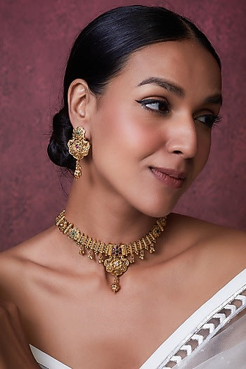 Gold Finish Kundan Polki Temple Choker Necklace Set