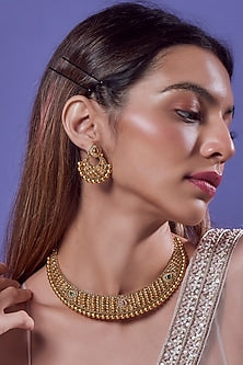 Gold Finish Kundan Polki & Gold Beaded Temple Choker Necklace Set