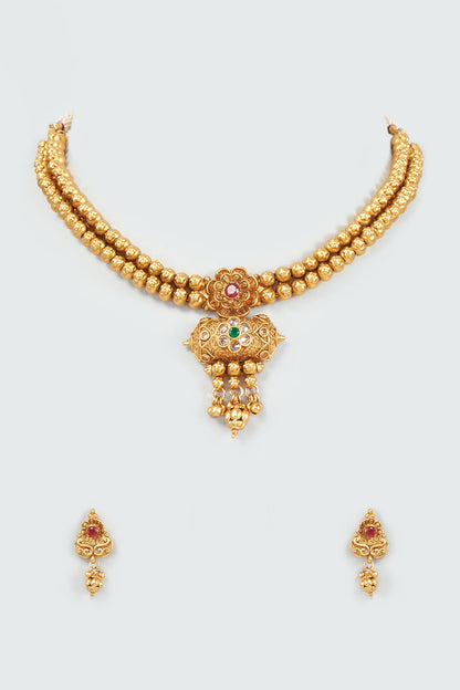 Gold Finish Kundan Polki Temple Choker Necklace Set