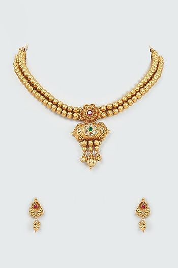 Gold Finish Kundan Polki Temple Choker Necklace Set