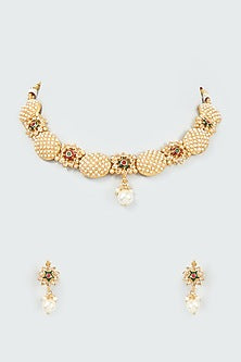 Gold Finish Kundan Polki & Pearl Choker Necklace Set