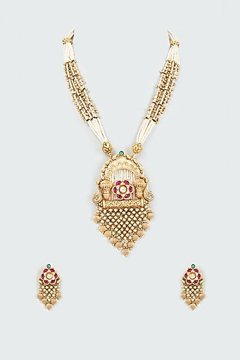 Gold Finish Pearl Long Temple Necklace Set