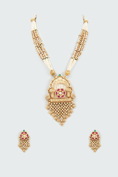 Gold Finish Pearl Long Temple Necklace Set