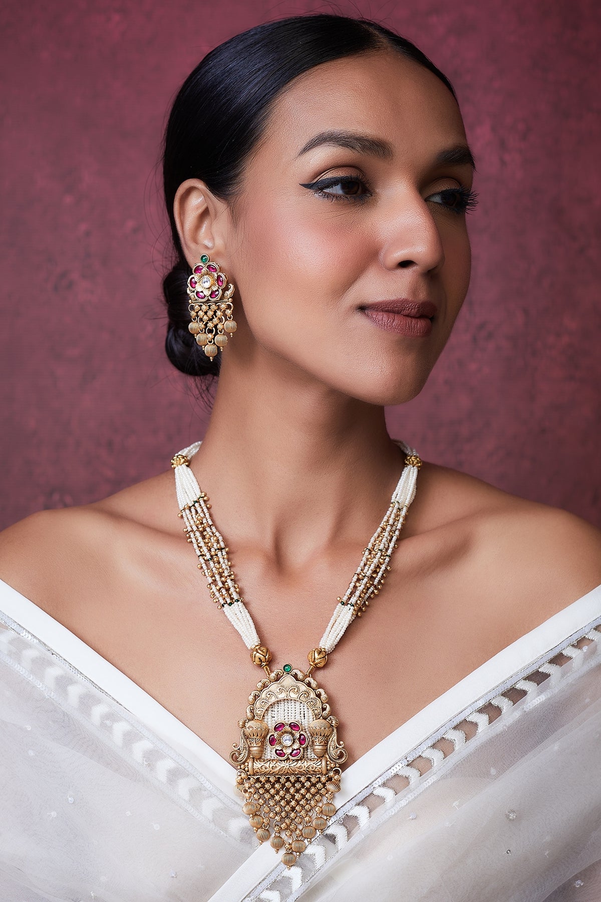 Gold Finish Pearl Long Temple Necklace Set
