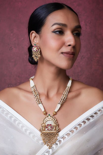 Gold Finish Pearl Long Temple Necklace Set