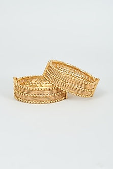 Gold Finish Kundan Polki Temple Bangles (Set Of 2)