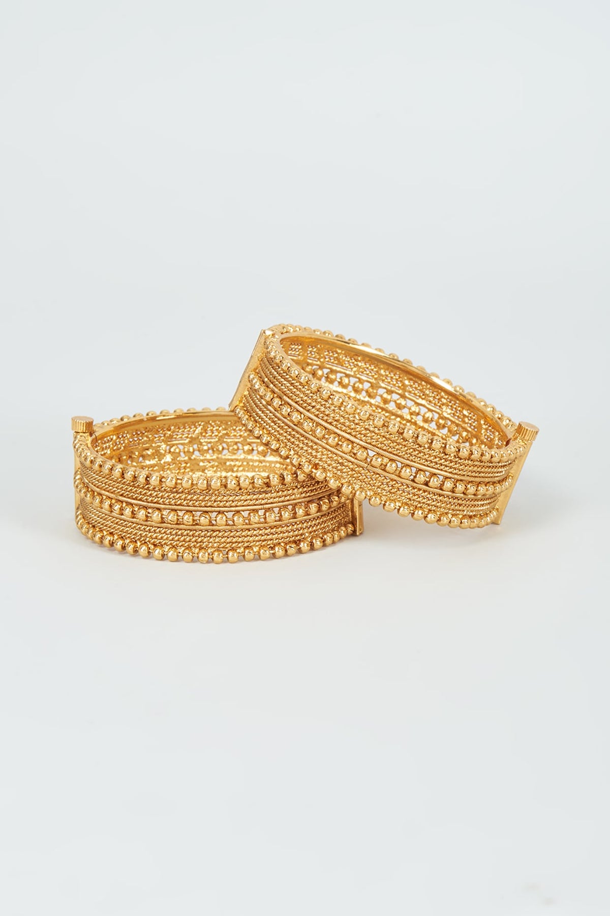 Gold Finish Kundan Polki Temple Bangles (Set Of 2)