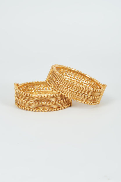 Gold Finish Kundan Polki Temple Bangles (Set Of 2)