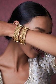 Gold Finish Kundan Polki Temple Bangles (Set Of 2)