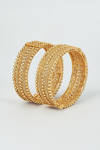 Gold Finish Kundan Polki Temple Bangles (Set Of 2)