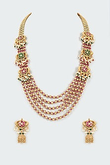 Gold Finish Kundan Polki & Gold Beaded Temple Long Necklace Set