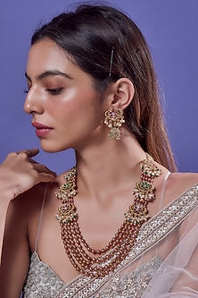Gold Finish Kundan Polki & Gold Beaded Temple Long Necklace Set