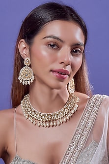 Gold Finish Kundan Polki & Pearl Choker Necklace Set