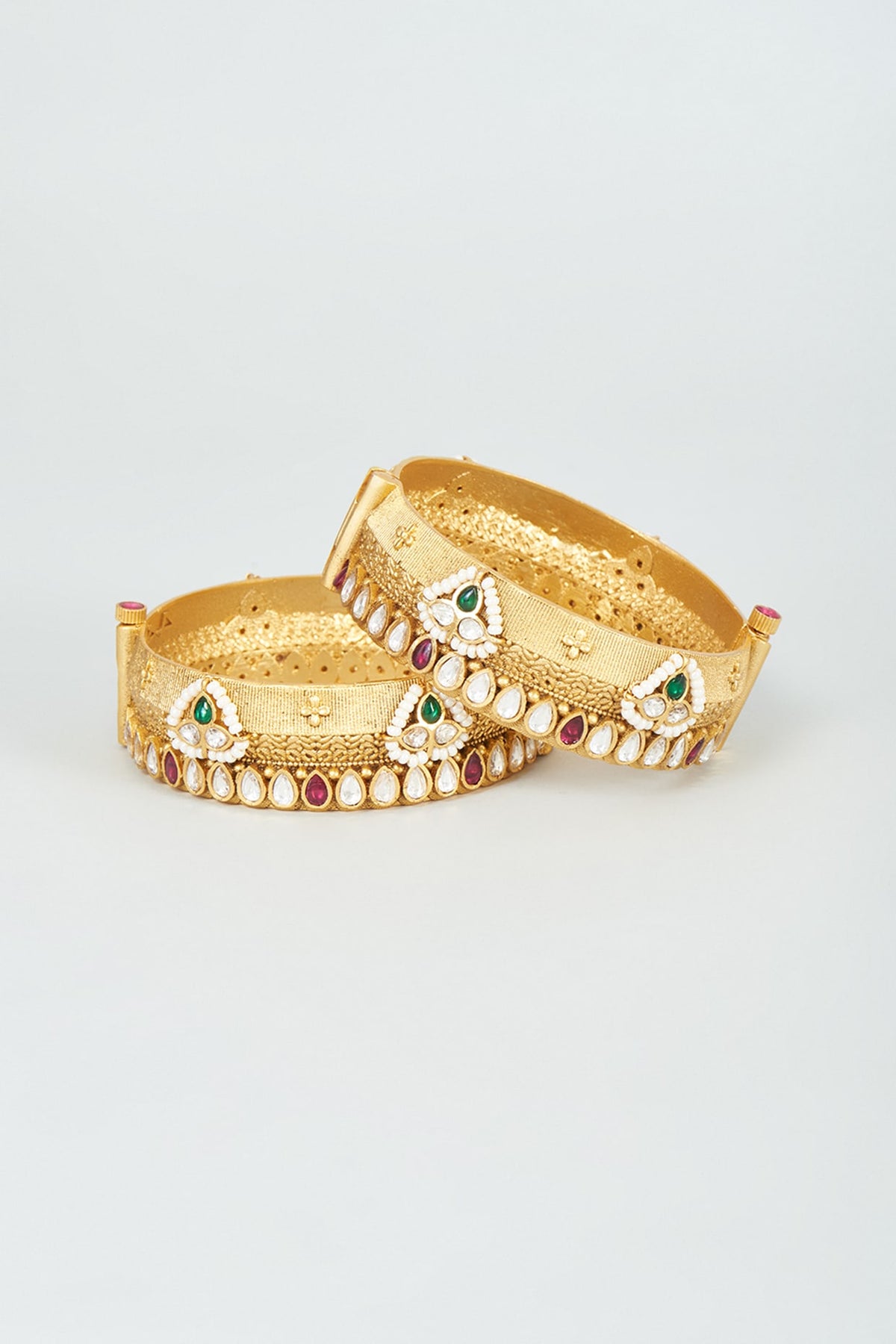 Gold Finish Kundan Polki & Pearl Bangles (Set of 2)