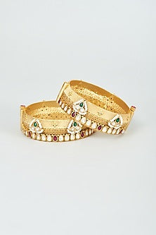 Gold Finish Kundan Polki & Pearl Bangles (Set of 2)