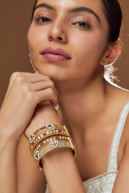 Gold Finish Kundan Polki & Pearl Bangles (Set of 2)
