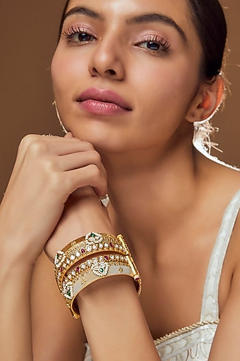Gold Finish Kundan Polki & Pearl Bangles (Set of 2)