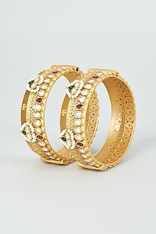 Gold Finish Kundan Polki & Pearl Bangles (Set of 2)