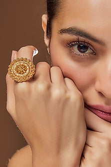 Gold Finish Kundan Polki Temple Ring