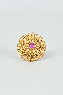 Gold Finish Red Synthetic Stone Temple Ring