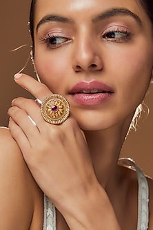 Gold Finish Red Synthetic Stone Temple Ring