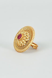 Gold Finish Red Synthetic Stone Temple Ring