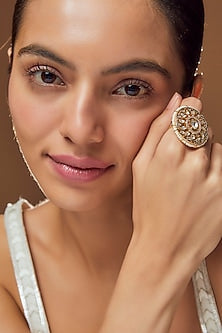 Gold Finish Kundan Polki & Pearl Ring