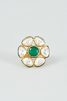Gold Finish Kundan Polki & Green Stone Ring