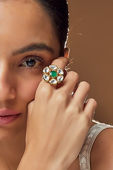 Gold Finish Kundan Polki & Green Stone Ring