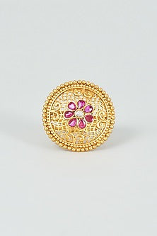 Gold Finish Red Synthetic Stone Temple Ring