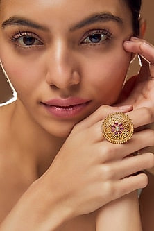 Gold Finish Red Synthetic Stone Temple Ring