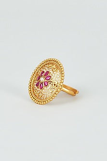 Gold Finish Red Synthetic Stone Temple Ring
