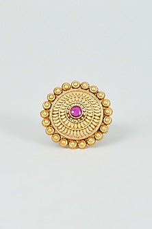 Gold Finish Red Synthetic Stone Temple Ring
