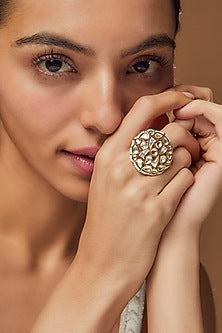 Gold Finish Kundan Polki & Pearl Ring