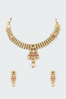 Gold Finish Kundan Polki & Gold Beaded Temple Choker Necklace Set