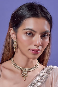 Gold Finish Kundan Polki & Gold Beaded Temple Choker Necklace Set