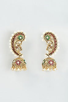Gold Finish Kundan Polki Temple Jhumka Earrings