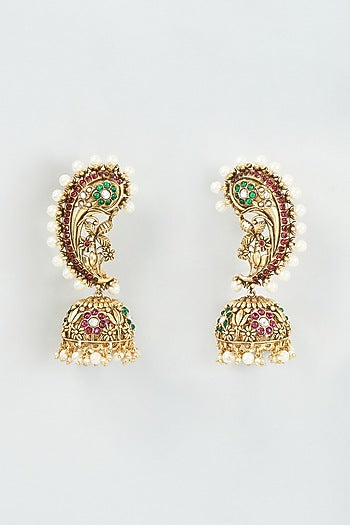 Gold Finish Kundan Polki Temple Jhumka Earrings