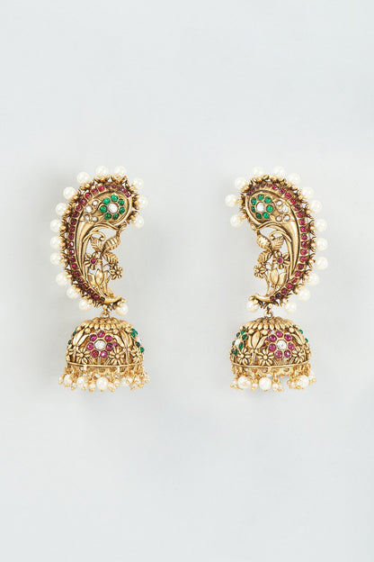 Gold Finish Kundan Polki Temple Jhumka Earrings