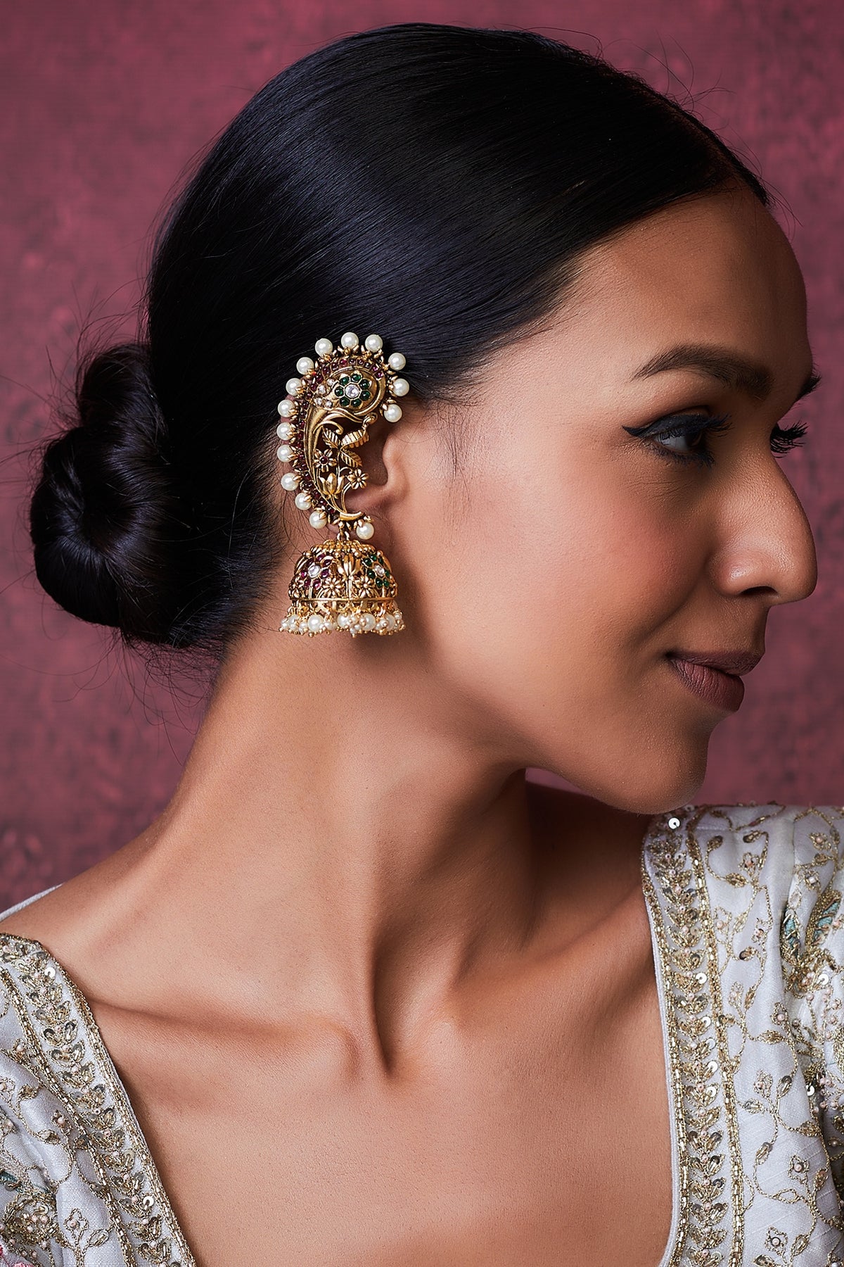 Gold Finish Kundan Polki Temple Jhumka Earrings