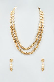 Gold Finish Pearl & Kundan Polki Temple Mala Set