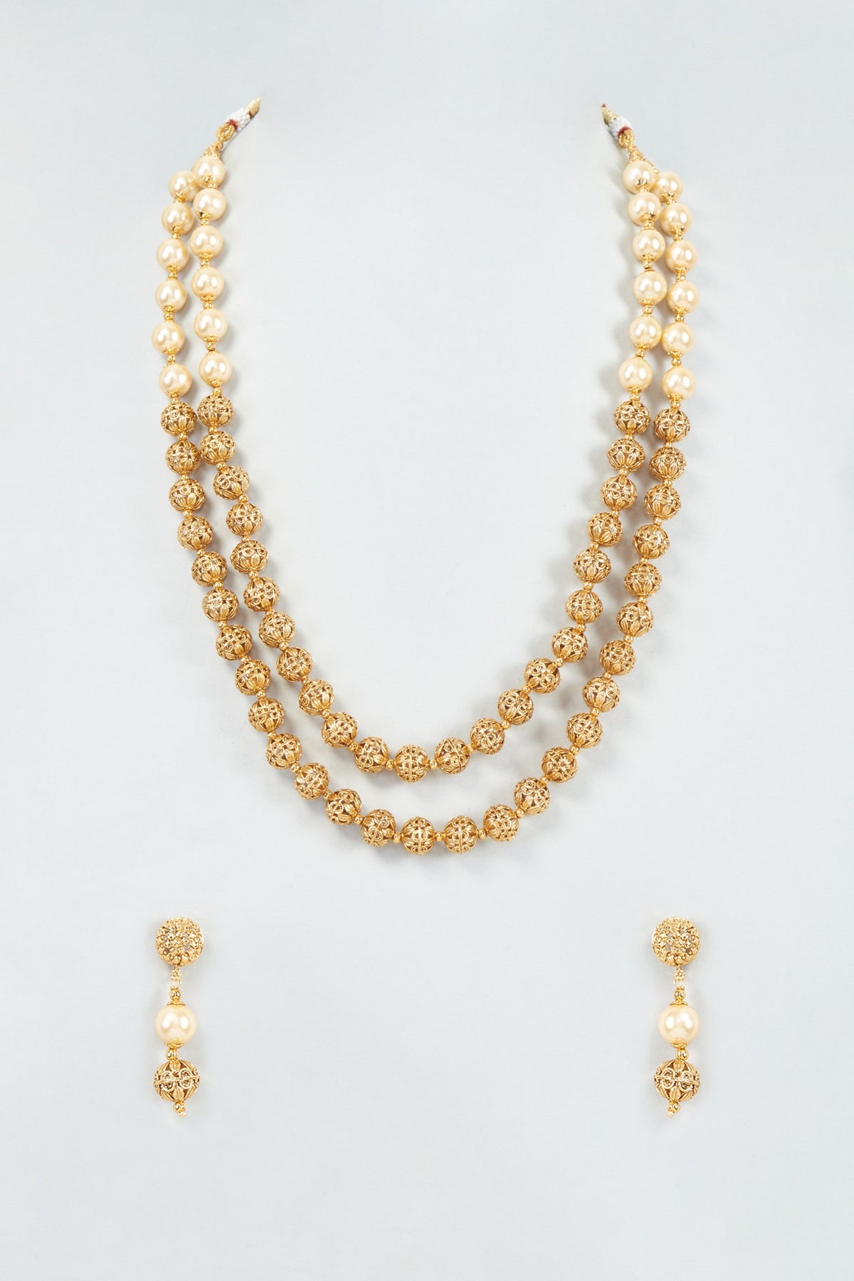Gold Finish Pearl & Kundan Polki Temple Mala Set